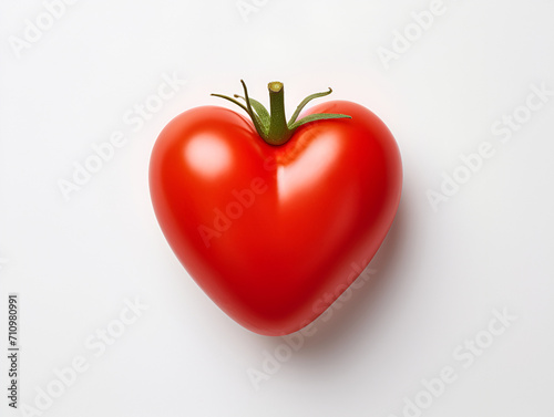 A tomato sculpted into the shape of a heart symbol, resting on a stark white background viewed from above photo