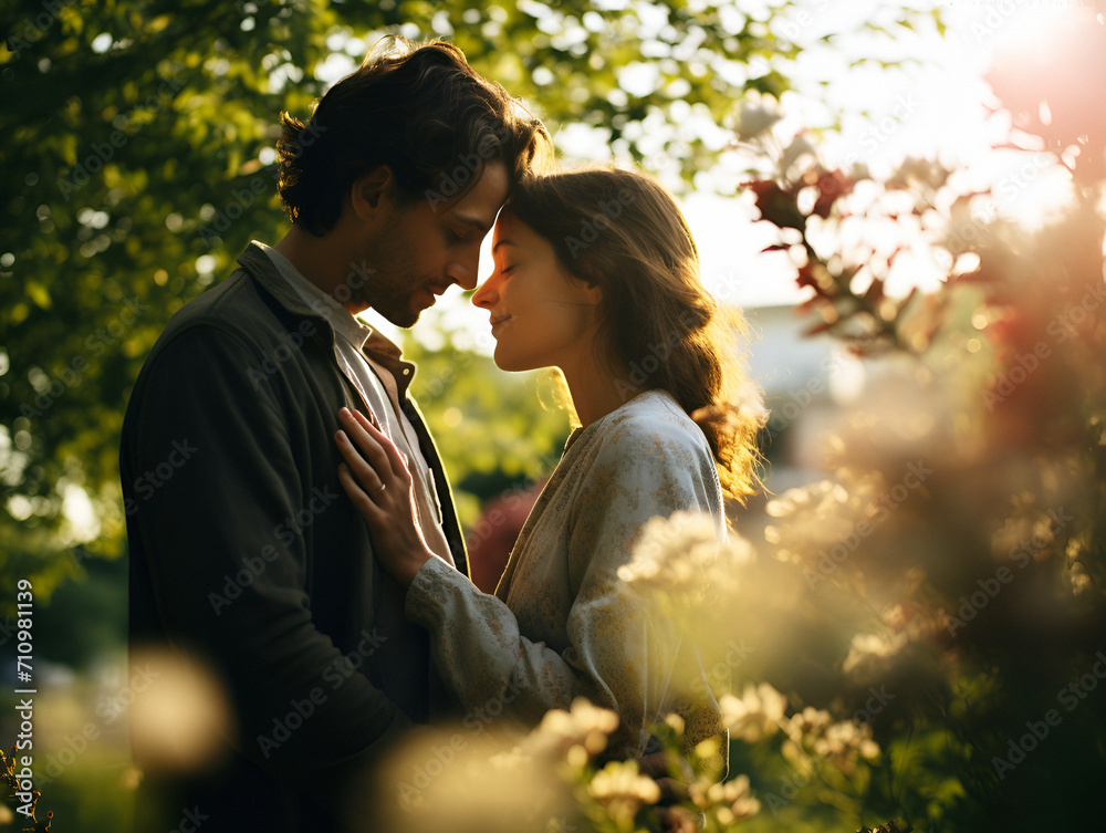 Beautiful young couple in love posing on the background of a blooming garden Beautiful young couple in love posing on the background of a blooming garden