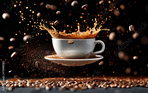 Cup of coffee in the air with coffee splashes