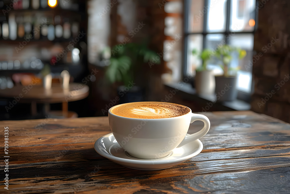 a cup of coffee on a table in a cafe