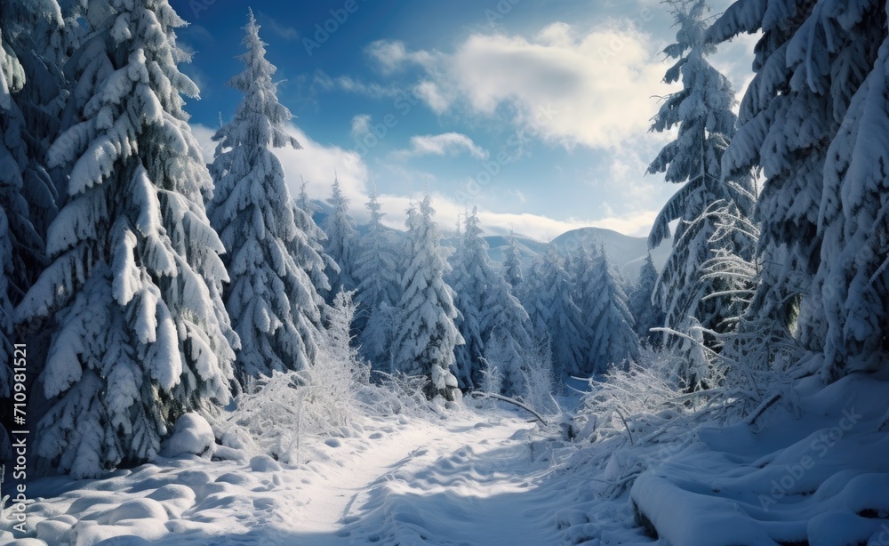 Pathway meanders through a serene snow-laden forest, with sunlight filtering through the frosted canopy above.