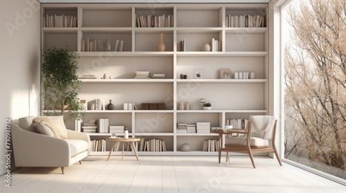 Tranquil Home Office or Library with Custom Built-in Bookshelves and Comfortable Seating AI Generated