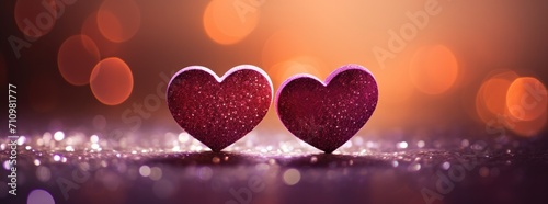 two hearts sitting on a glittery background