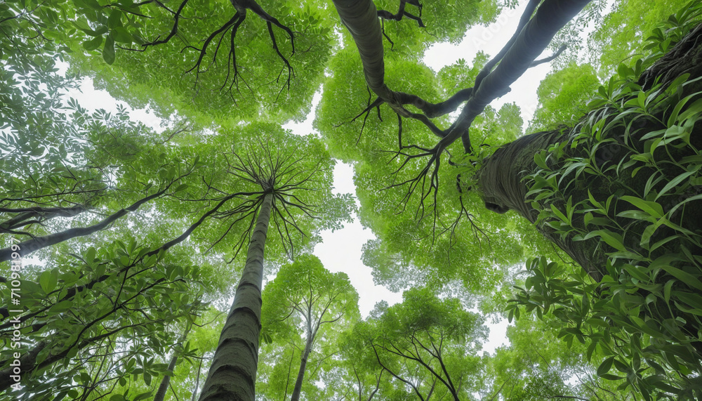 Tropical forest tree with green leaves viewed from below. Lush environment in park with oxygen-producing tree. Emphasizing ecology, carbon reduction, and plants for carbon credit. - obrazy, fototapety, plakaty 