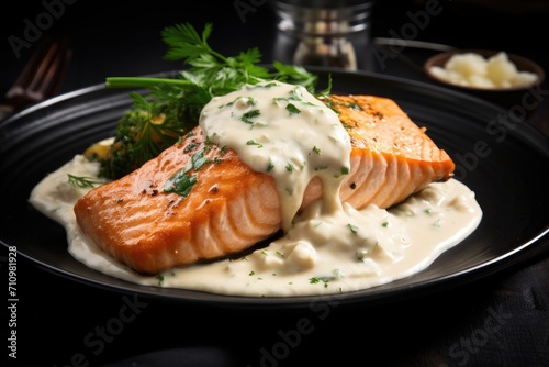 Fried salmon in a creamy sauce with herbs on a dark background.