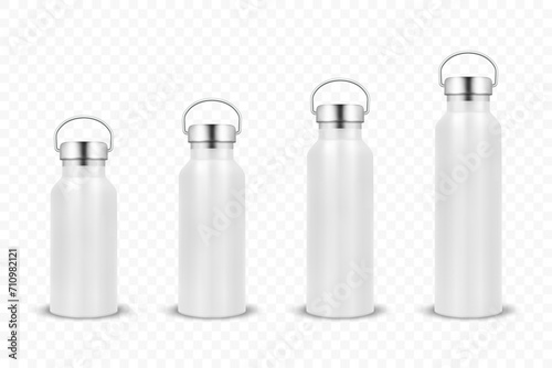 Vector Realistic 3d White Blank Glossy Metal Reusable Water Bottle Icon Set with Silver Bung Closeup Isolated on White Background. Design Template of Packaging Mockup. Front View