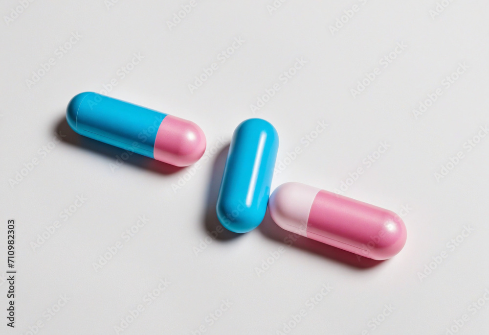 Adorable blue and pink capsule pills isolated on white background with room for text. International health care idea. Looking after relationships. Adorable blue and pink capsule pills isolated on white background with room for text. International health care idea. Looking after relationships.