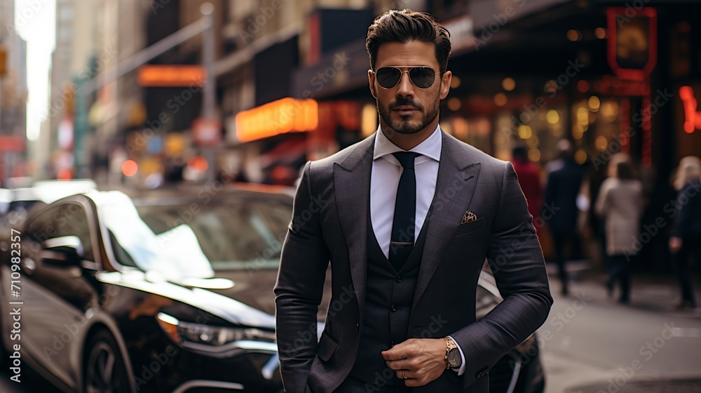 Confident businessman in suit and sunglasses walking in urban city street