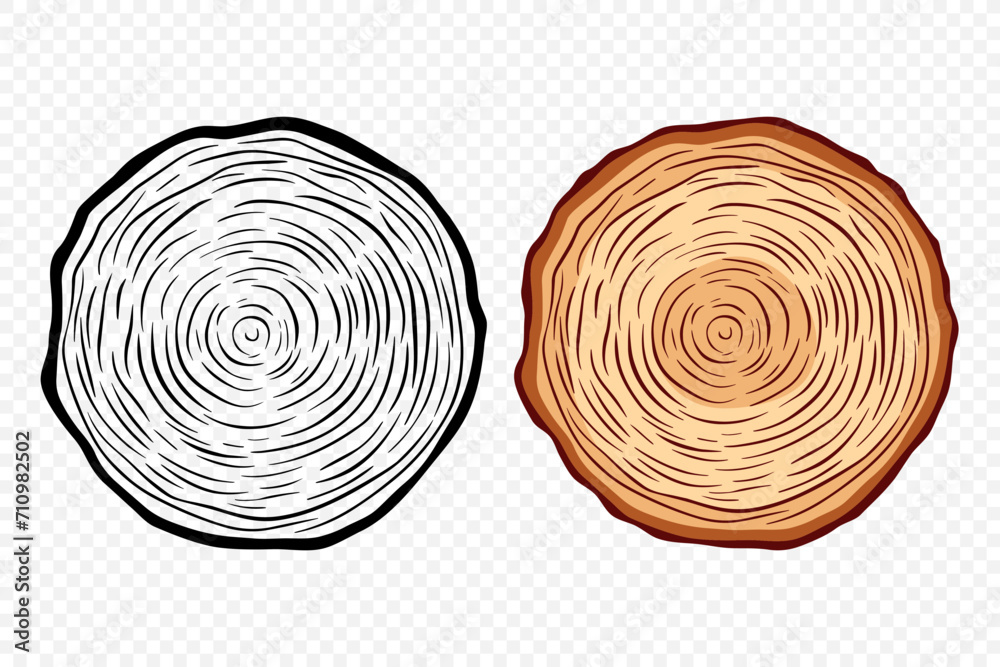 Tree Rings, Oak and Pine Slices, Lumber, and Timber Cross Section with Saw Cut Detail. Tree Trunk, Wood Log, Pine, Oak Slices, Lumber, Cut Timber. Hand Drawn, Design Element - obrazy, fototapety, plakaty 