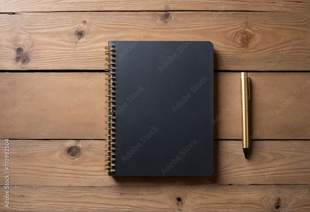 Elegant Black and Gold Spiral Notebook on Wooden Table with Copy Space - obrazy, fototapety, plakaty 