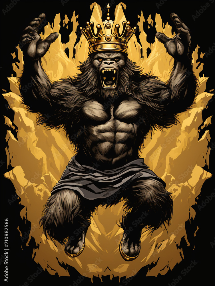 T-shirt design, all black vector of king kong beating chest, full perspective full body, wearing a golden crown created with Generative Ai