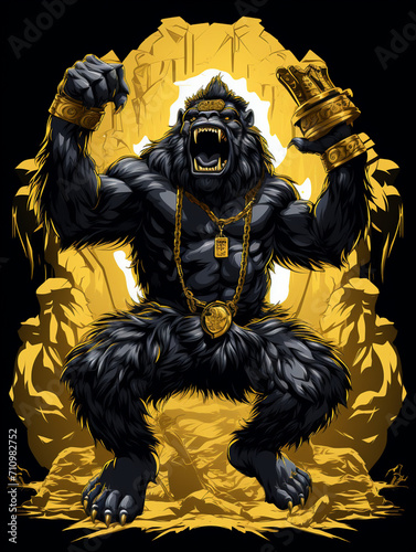 T-shirt design  all black vector of king kong beating chest  full perspective full body  wearing a golden crown created with Generative Ai