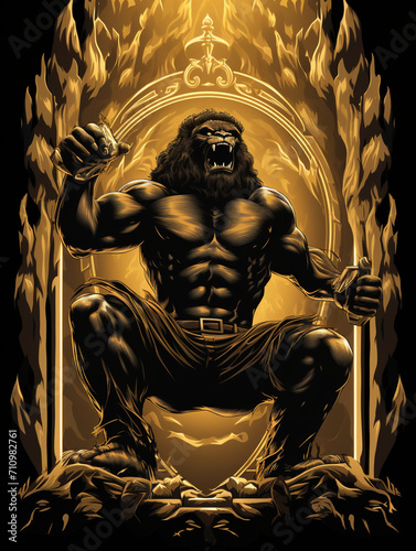 T-shirt design  all black vector of king kong beating chest  full perspective full body  wearing a golden crown created with Generative Ai