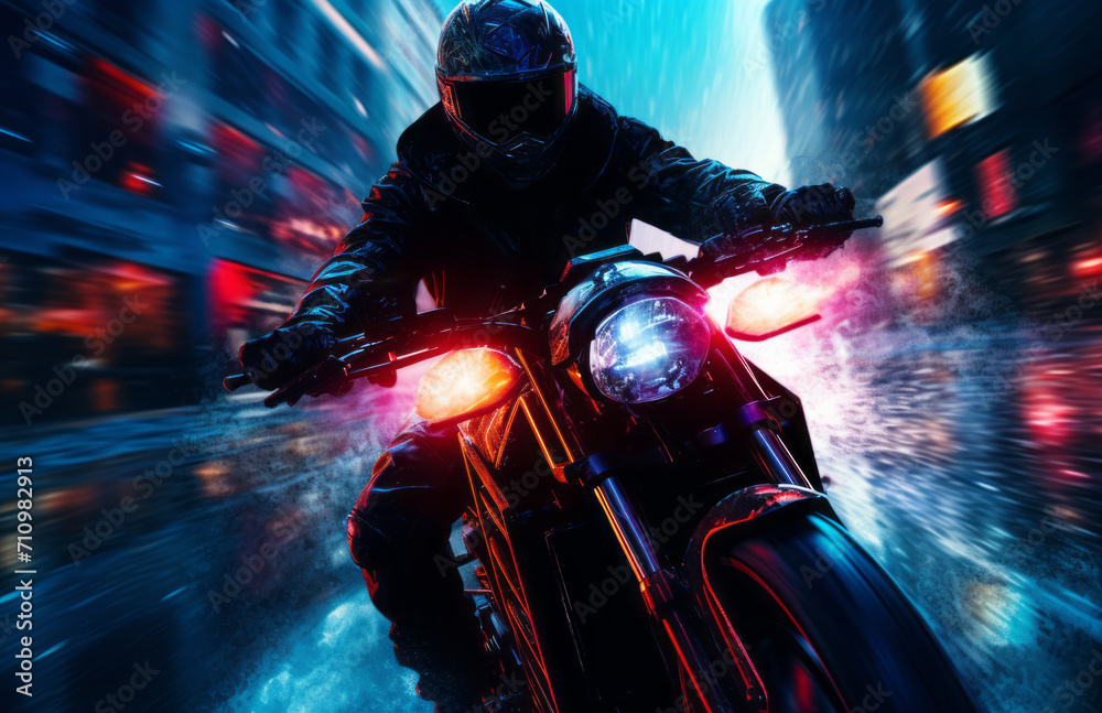 Man person riding a motorcycle on rainy neon lit road in city, in the style of cybepunk with luminous light quality Man person riding a motorcycle on rainy neon lit road in city, in the style of cybepunk with luminous light quality