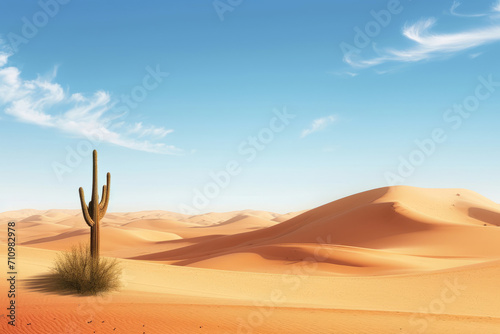 An idyllic desert landscape under a clear sky, with a solitary cactus standing tall among undulating sand dunes