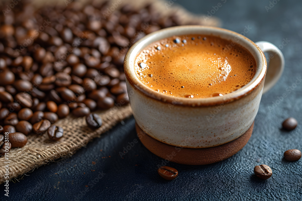 cup of coffee with beans on the table cup of coffee with beans on the table