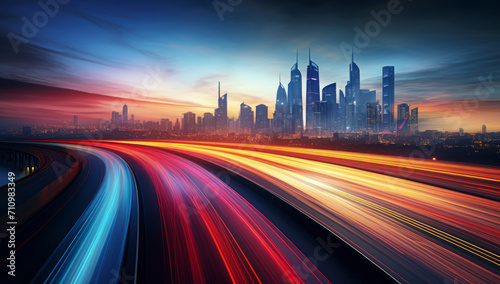 The motion blur of a busy urban highway during the evening rush hour. The city skyline serves as the background, illuminated by a sea of headlights and taillights photo