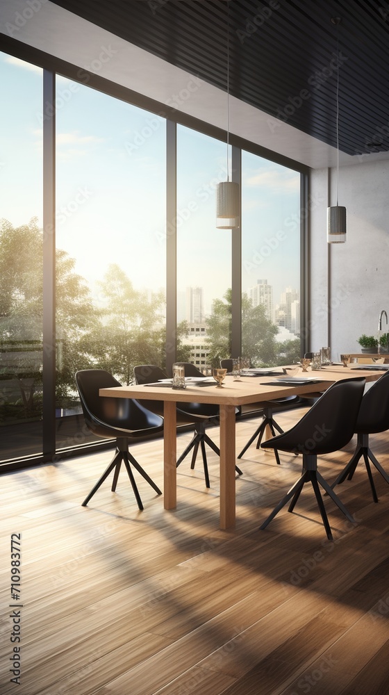 Modern dining room with large windows and a view of the city Modern dining room with large windows and a view of the city
