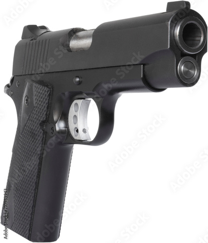 Semi-automatic handgun angled toward the viewer