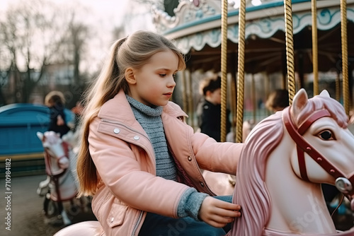 Little girl wearing a pink coat sits on a pink carousel horse.