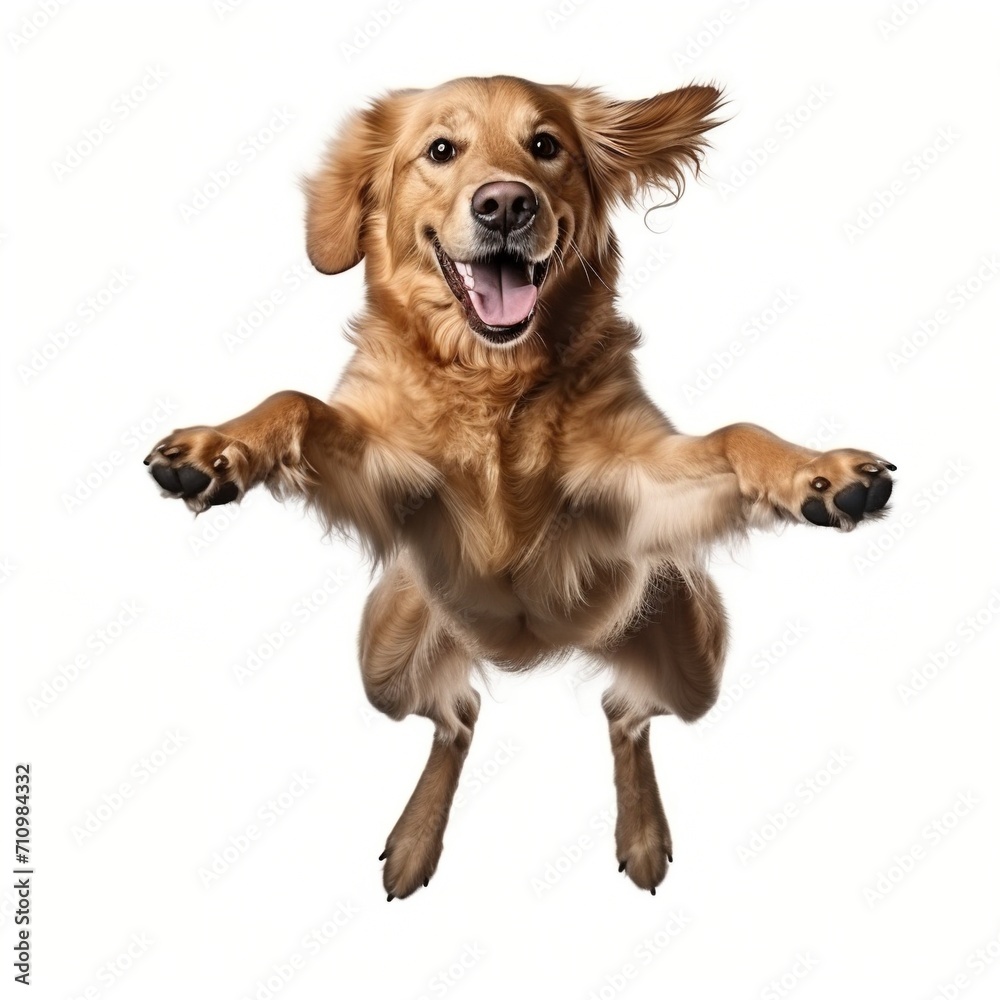 Golden Retriever jumping in mid-air