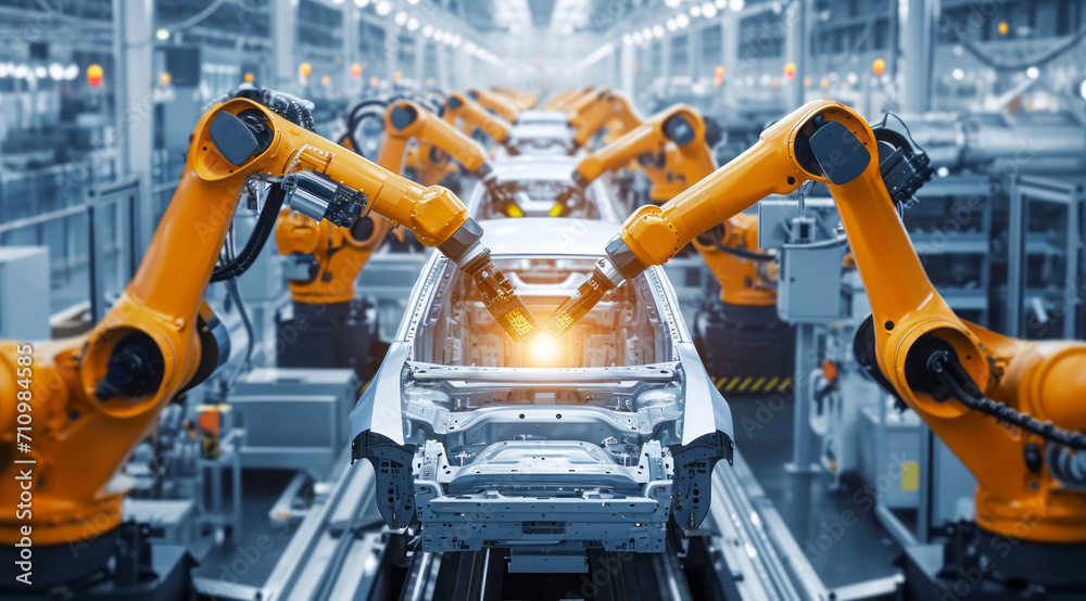 Car factory conveyor belt assemblance line production with robots and artificial intelligence Car factory conveyor belt assemblance line production with robots and artificial intelligence