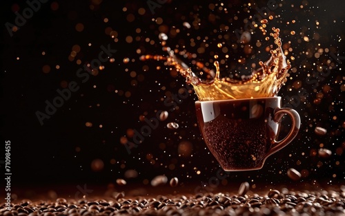 Cup of coffee in the air with coffee splashes