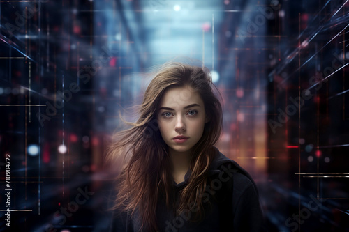 artificial intelligence AI woman technology big data digital world cloud server chatbot GBT automated electronic signals flow around her head and face Concept Illustration photo