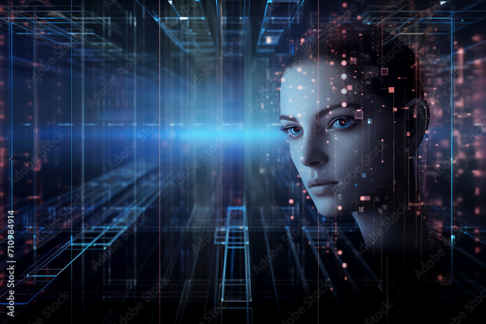 artificial intelligence AI woman technology big data digital world cloud server chatbot GBT automated electronic signals flow around her head and face Concept Illustration artificial intelligence AI woman technology big data digital world cloud server chatbot GBT automated electronic signals flow around her head and face Concept Illustration