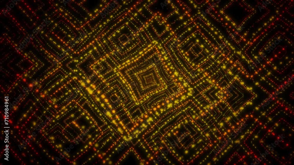 Lines and squares. Rhythmic movement. Psychedelic hypnotic transformation. Colorful orange graphics. Seamless animation footage. Optical illusion.