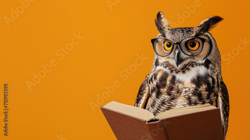 Wallpaper Mural Owl with book on yellow background Owl bird of wisdom reading a book with glasses Torontodigital.ca