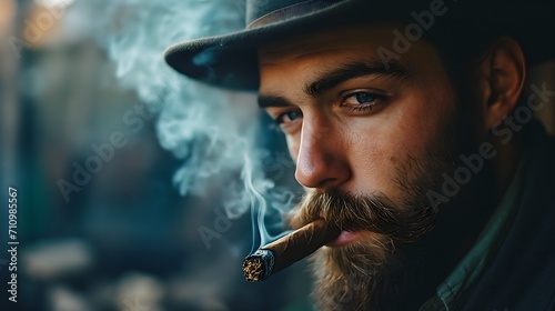 Portrait of a breaded man smoking cigar	 photo
