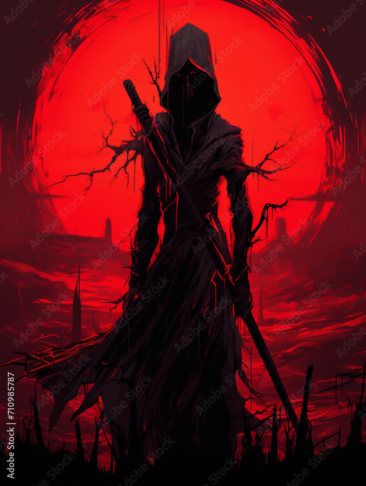 T-shirt design, a creep carrying a scythe near a red sun, in the style of dark palette created with Generative Ai T-shirt design, a creep carrying a scythe near a red sun, in the style of dark palette created with Generative Ai