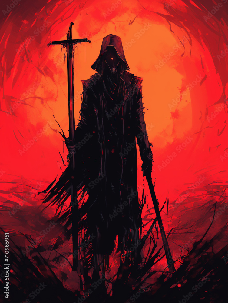 T-shirt design, a creep carrying a scythe near a red sun, in the style of dark palette created with Generative Ai T-shirt design, a creep carrying a scythe near a red sun, in the style of dark palette created with Generative Ai