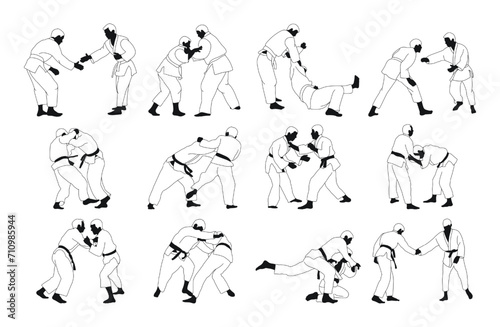 Collection of judoka silhouettes, isolated vector