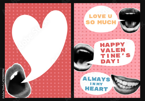 Valentines day halftone collage cards set. Lips with speech bubbles and text on dotted background. Modern retro posters, postcards, banner templates, pop art vector illustration