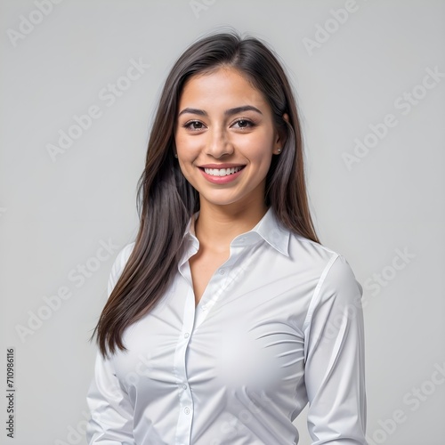 hermosa mujer latina de cabello lacio, usando camisa de trabajo, negocios, oficina, empoderada photo