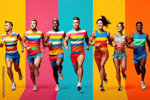 Full length collage of running sporty people in striped color T-shirts running over various bright and colorful background. photo