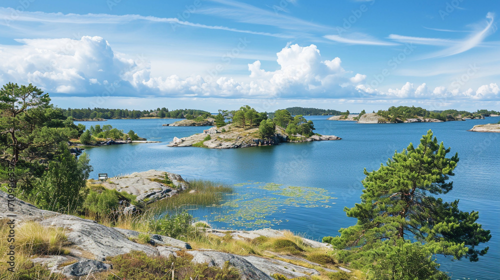 Archipelago on the Baltic Sea coast in Sweden. Generative Ai
