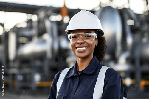 Smiling black female engineer wearing hard hat and safety glasses at industrial site photo