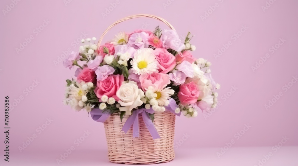 A beautifully arranged bouquet of spring flowers in a basket on a pastel pink