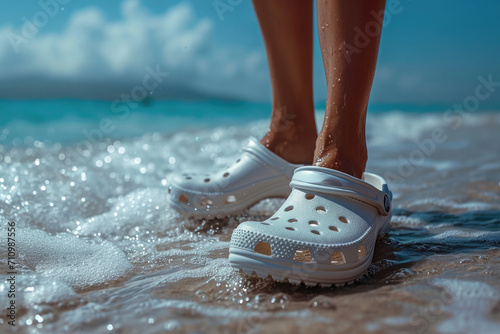 A man wearing special rubber shoes walks on a sea beach 