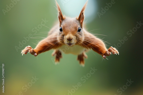 Red Squirrel Jumping. Red squirrel in the forest looking at the camera. flying squirrel. Red Squirrel jumps towards the camera, isolated on a green background