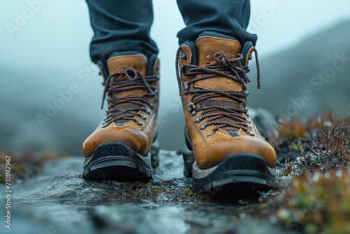 Close-up of hiking boots on a hike in the mountains
