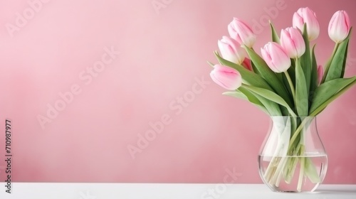 pink pastel valentines day background with copy space and tulip in glass vase #710987977