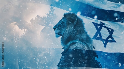 Generative AI image of israeli flag with a lion and an Israeli soldier photo