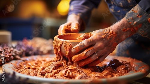 artisan's hands covered in orange clay