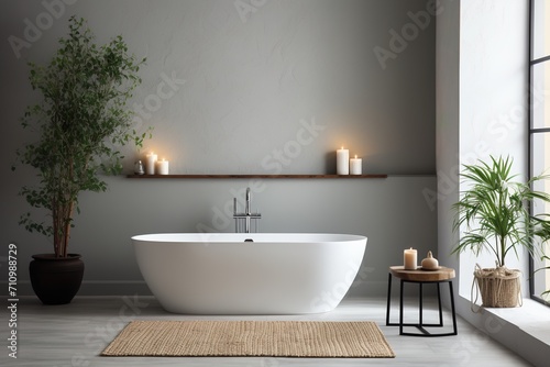 Bathroom with a large bathtub  plants  and candles