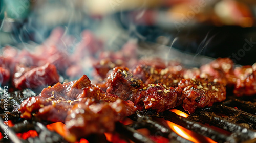 Young asian eating korean barbecue yakiniku in restaurant. Generative Ai