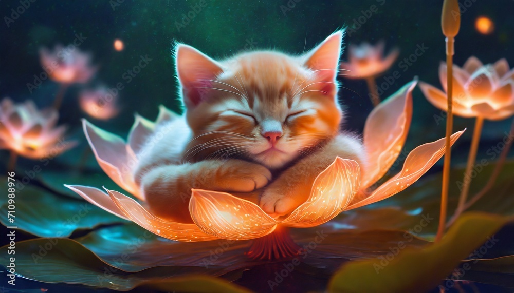 Cute orange kitten sleeping in magical lotus flower Cute orange kitten sleeping in magical lotus flower